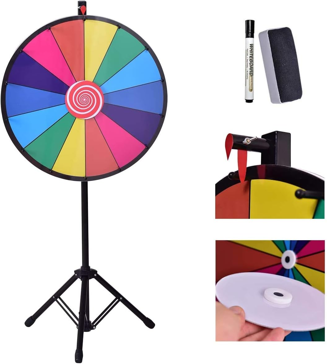 GYMAX 18"/24" Color Prize Wheel 14 Slots Dry Eraser Trade Show Fortune Win Colorful Spin Party Pub Tradeshow Game (24" Tripod Stand)-4