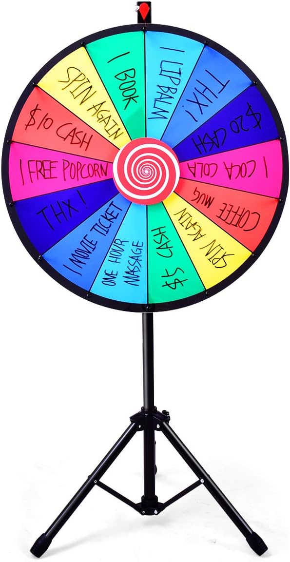 GYMAX 18"/24" Color Prize Wheel 14 Slots Dry Eraser Trade Show Fortune Win Colorful Spin Party Pub Tradeshow Game (24" Tripod Stand)-8