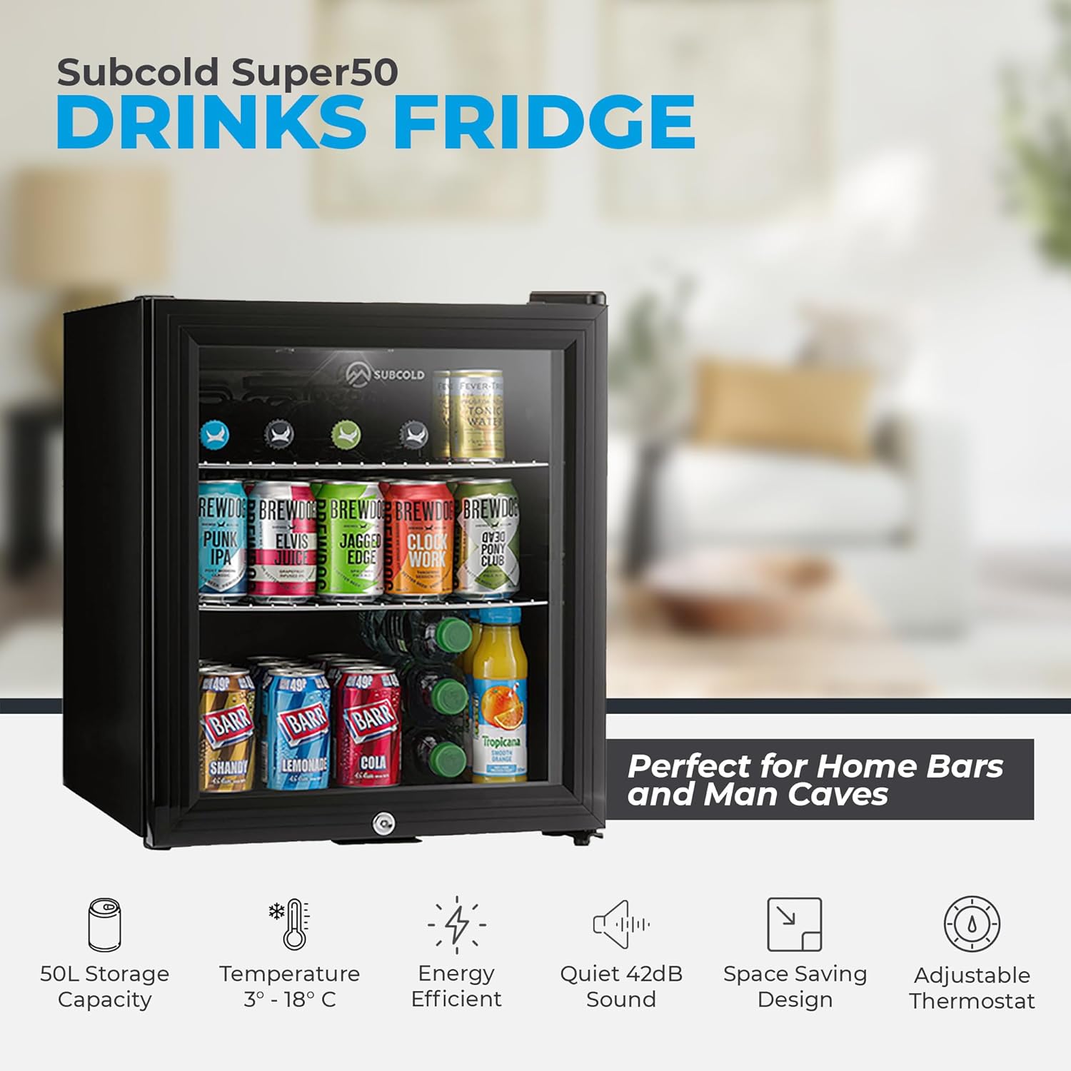 Subcold Super50 LED – Mini Fridge Black | 50L Beer, Wine & Drinks Fridge | LED Light + Lock & Key | Energy Efficient (Black)-1