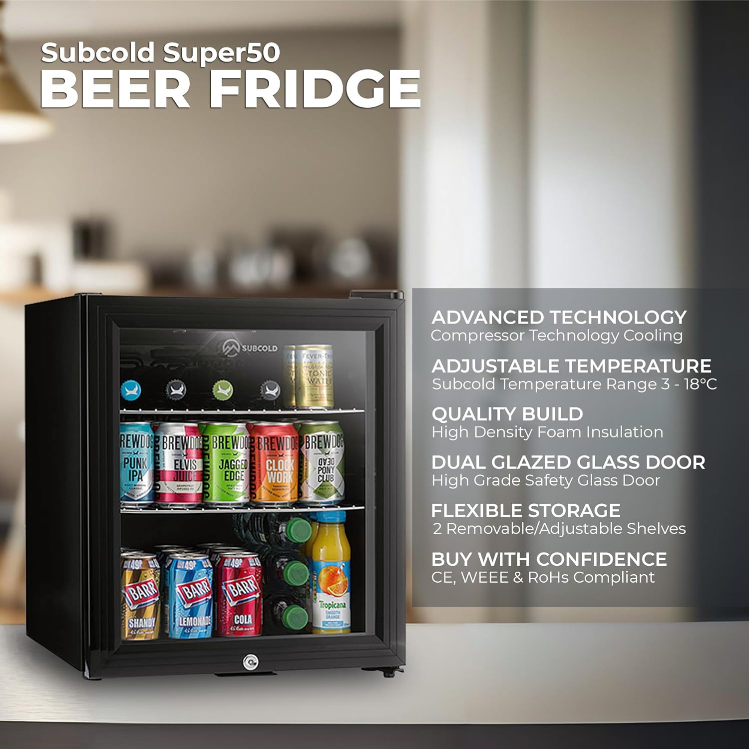 Subcold Super50 LED – Mini Fridge Black | 50L Beer, Wine & Drinks Fridge | LED Light + Lock & Key | Energy Efficient (Black)-2