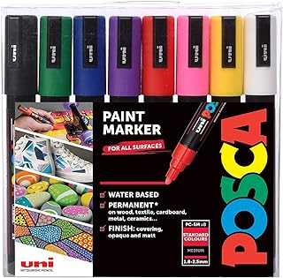 Posca PC-5M Water Based Permanent Marker Paint Pens. Medium Tip for Art & Crafts. Multi Surface Use On Wood Metal Paper Canvas Cardboard Glass Fabric Ceramic Rock Stone Pebble Porcelain. Set of 8