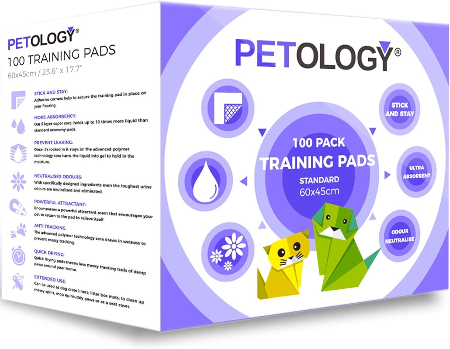 PETOLOGY® 200 Count, 60 cm x 45 cm Standard Size Training Pads Puppy Dog Cat Super Absorbent Odourless Pads Pee Toilet House Training (Size: Standard 60cmx45cm 200 Pads)-0