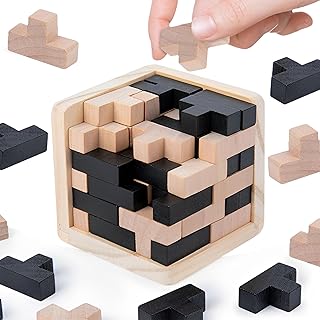 MINGZE Wooden Puzzles Brain Teaser Toy 54 T-shaped Tetris Blocks Geometric Intelligence Game Sphere Puzzles For Adults/Kids