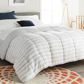 Linenspa All-Season Reversible Down Alternative Quilted Oversized Queen Comforter - Hypoallergenic - Plush Microfiber Fill - Machine Washable -Duvet Insert or Stand-Alone Comforter -Grey/White Stripe