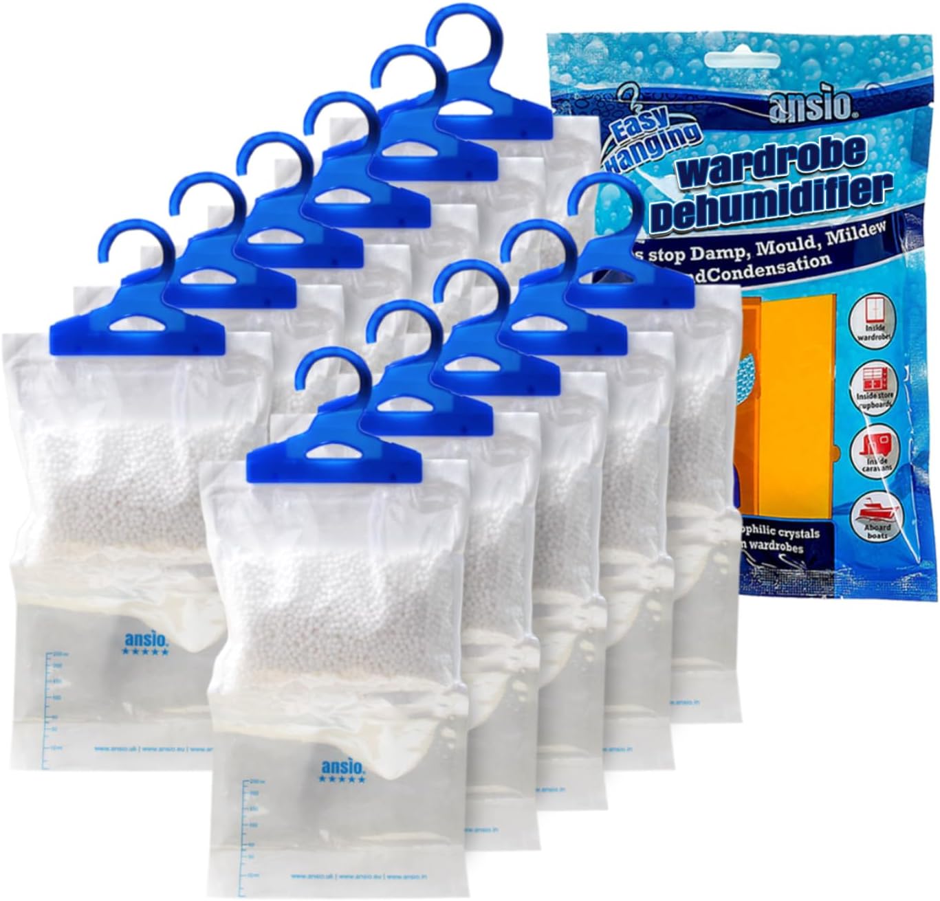 ANSIO Wardrobe Dehumidifier Hanging Bags Pack of 12 Moisture Absorbers, Trap, Condensation, Dehumidifiers for Damp, Mould, Bedroom, Caravan, Bathroom, Basement, Office – 210g Each-0