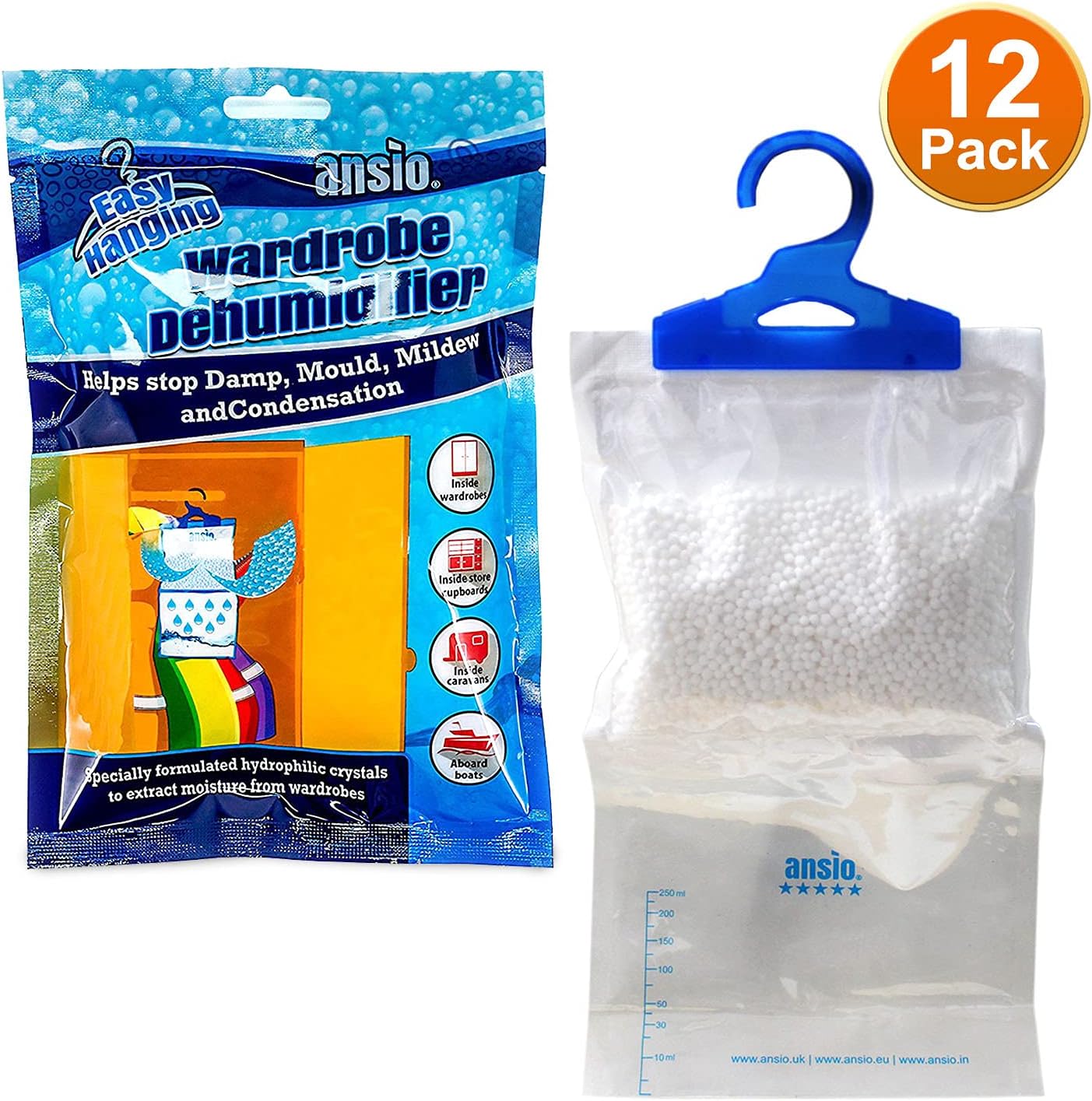 ANSIO Wardrobe Dehumidifier Hanging Bags Pack of 12 Moisture Absorbers, Trap, Condensation, Dehumidifiers for Damp, Mould, Bedroom, Caravan, Bathroom, Basement, Office – 210g Each-1