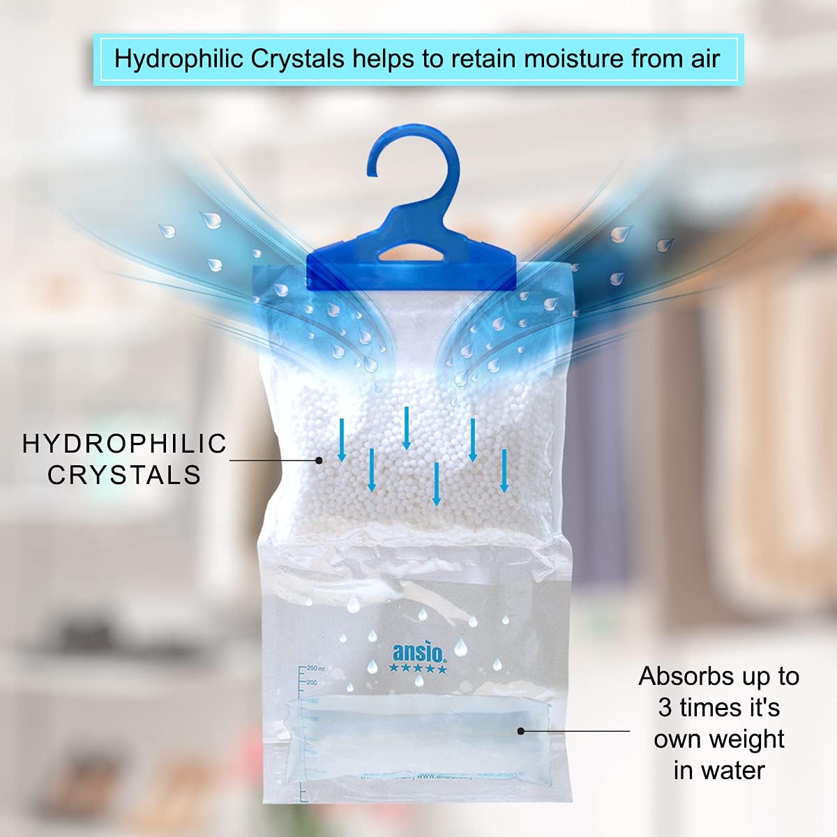 ANSIO Wardrobe Dehumidifier Hanging Bags Pack of 12 Moisture Absorbers, Trap, Condensation, Dehumidifiers for Damp, Mould, Bedroom, Caravan, Bathroom, Basement, Office – 210g Each-2