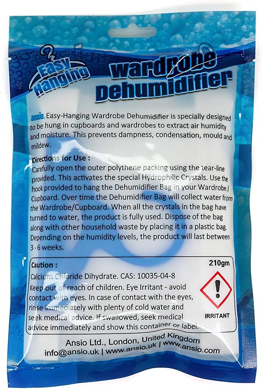 ANSIO Wardrobe Dehumidifier Hanging Bags Pack of 12 Moisture Absorbers, Trap, Condensation, Dehumidifiers for Damp, Mould, Bedroom, Caravan, Bathroom, Basement, Office – 210g Each-6