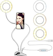 UBeesize Selfie Ring Light with Cell Phone Holder Stand for Live Stream/Makeup, Clip on, Flexible Arms (White)