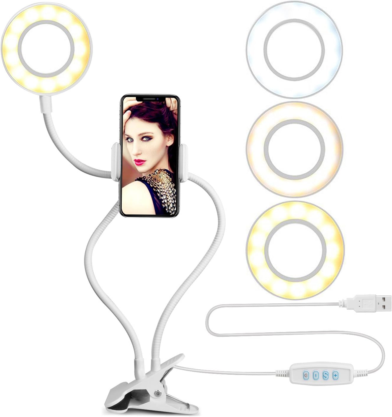 UBeesize Selfie Ring Light with Cell Phone Holder Stand for Live Stream/Makeup, Clip on, Flexible Arms (White)-0