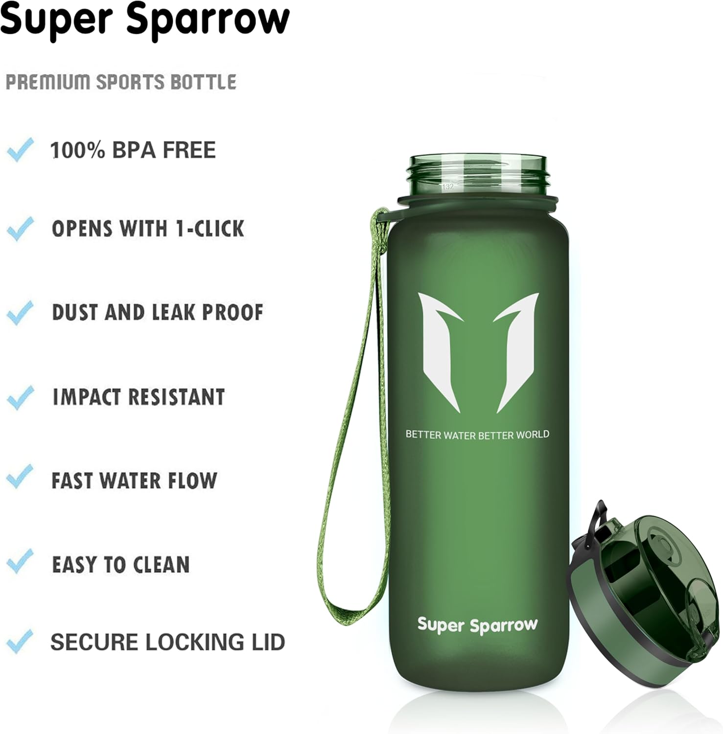 Super Sparrow Sports Water Bottle - 350ml & 500ml & 750ml & 1000ml - Non-Toxic BPA Free & Eco-Friendly Tritan Co-Polyester Plastic - For Running, Gym, Yoga, Outdoors and Camping-1