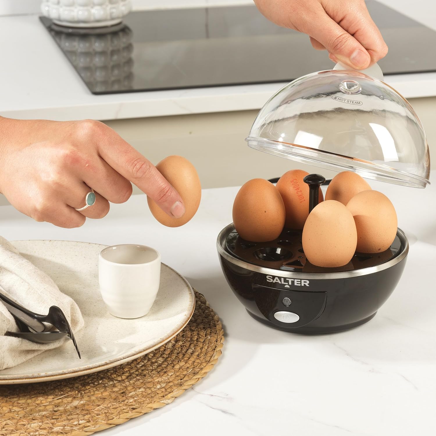 Salter Electric Multi Egg Cooker - 6 Egg Capacity Boiler, Great For Soft Dippy, Hard & Poached Eggs, Includes Measuring Cup, Removable Egg Rack and 2 Poaching Trays, Easy Clean, Compact, 430W-2