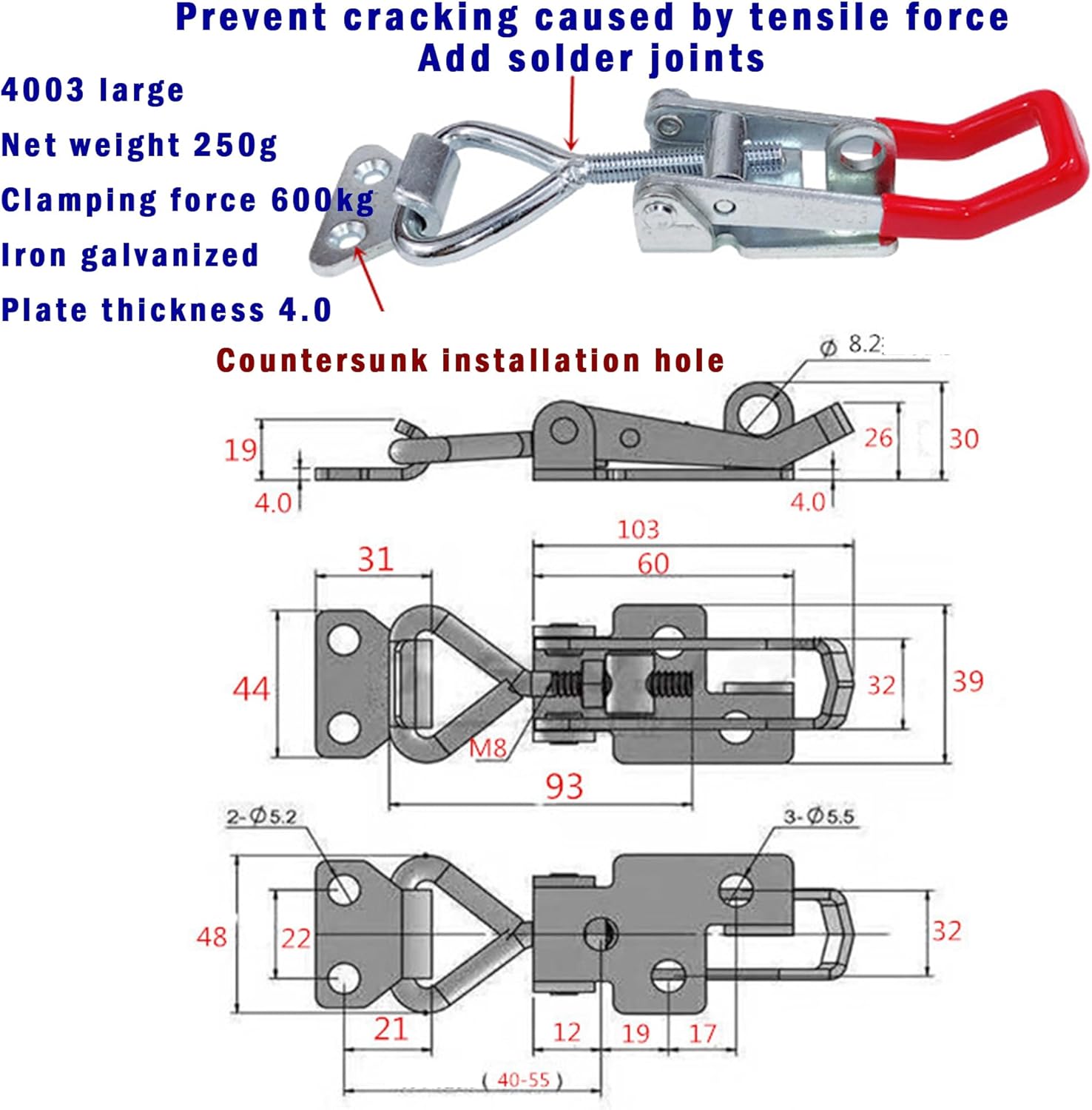 MINGZE 2pcs 600Kg Triangle Shaped Lever Latch Toggle Clamp, 4003-2