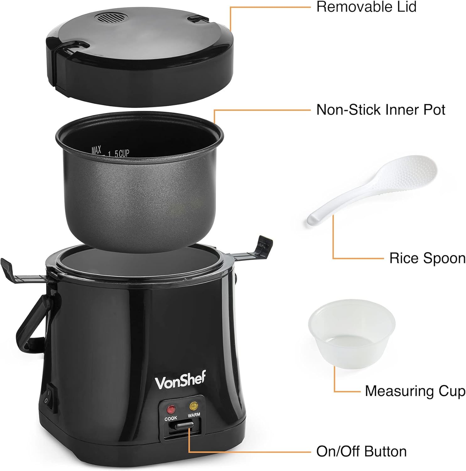 VonShef Small Rice Cooker 0.3L – Electric Rice Steamer for 2 with Keep Warm Function 200W, Removable Non Stick Rice Pot – Measuring Cup and Spatula-3