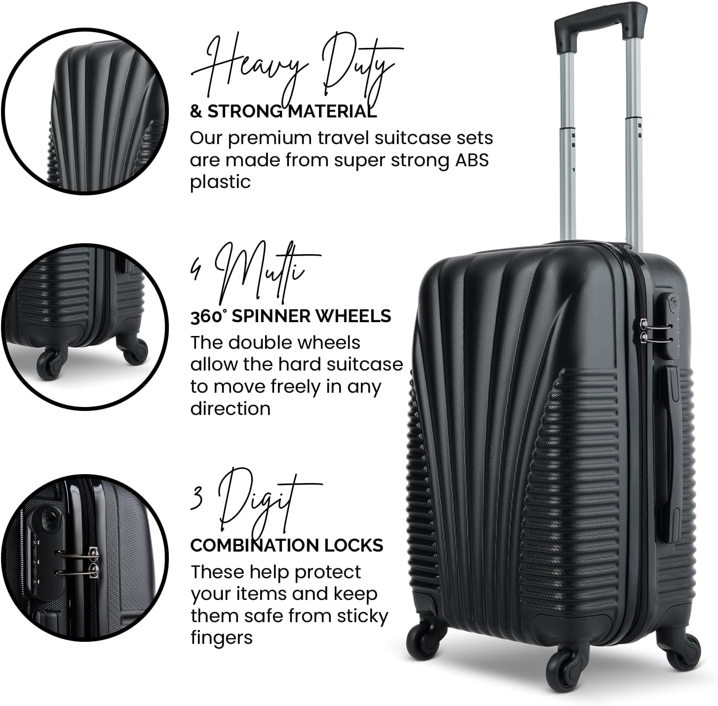 SA Products Cabin Suitcase - Hardshell Airline-Approved Luggage Bag for Travel - Cabin Bag with Inner Pockets, Extendable Top Handle, Side Handle, 4 Spinner Wheels, Lock - 50.5x23x37cm, 35L, Black-2