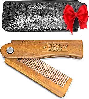 Viking Revolution - Folding Beard Comb with Carrying Pouch for Men - All Natural Wooden Beard Comb for Grooming & Combing Hair, Beards and Mustaches - Gifts For Men