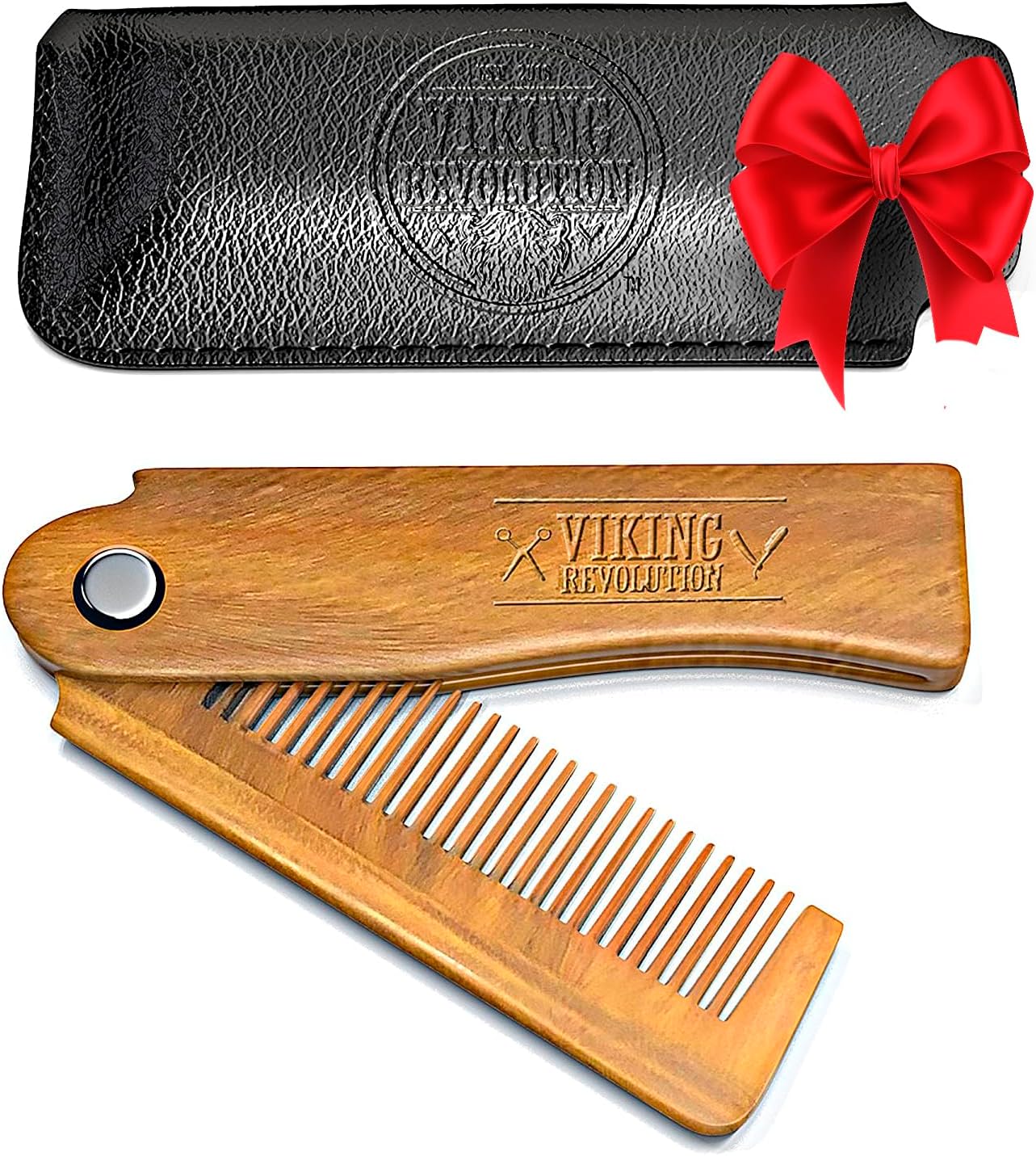 Viking Revolution - Folding Beard Comb with Carrying Pouch for Men - All Natural Wooden Beard Comb for Grooming & Combing Hair, Beards and Mustaches - Gifts For Men-0