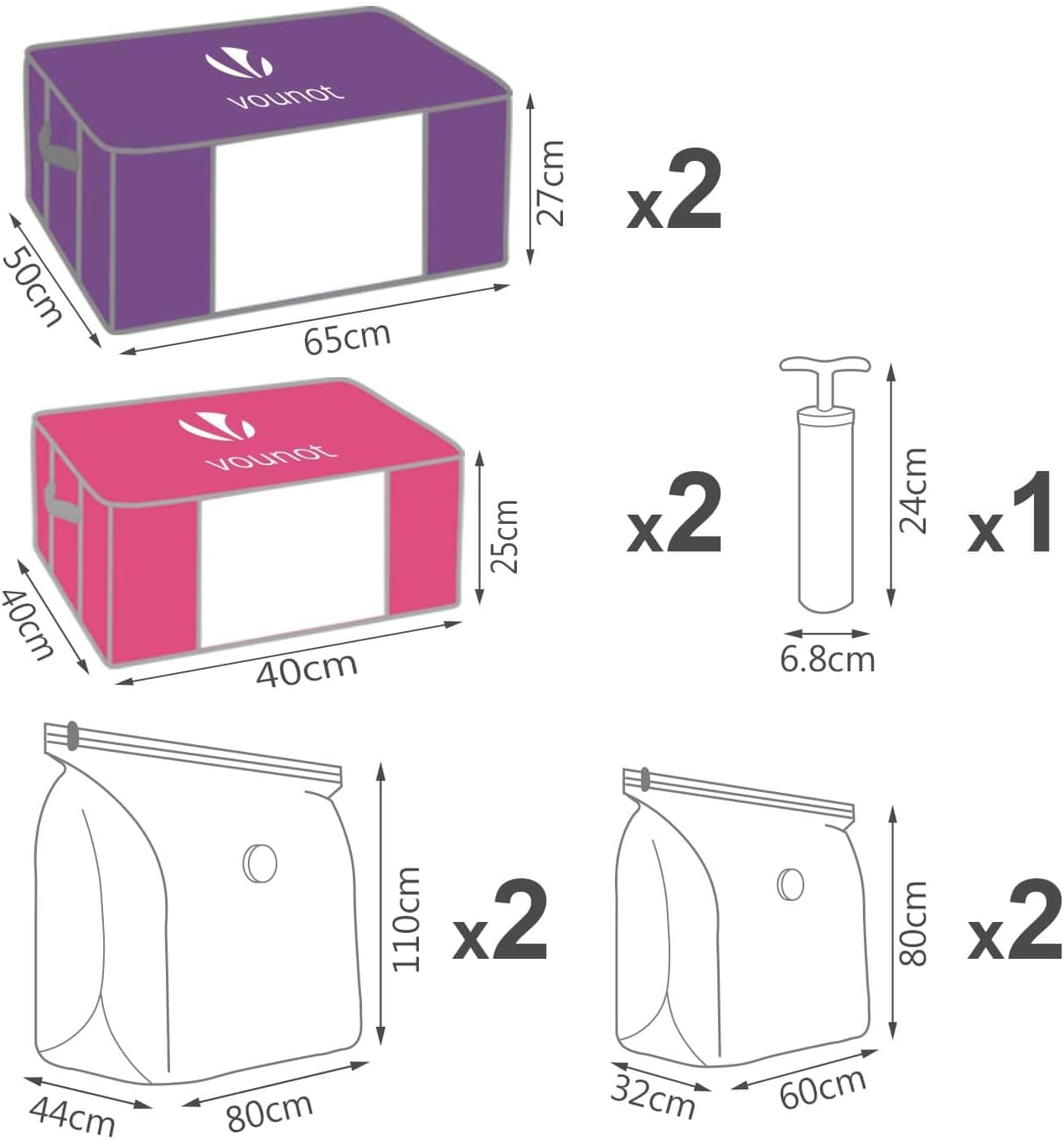 VOUNOT Set of 4 vacuum storage bag Large Capacity XXL | 4 Vacuum bags with 4 storage boxes | 2 small model 154L and 2 large models 484L | Compression Bag- Compression box, Multi-coloured-1