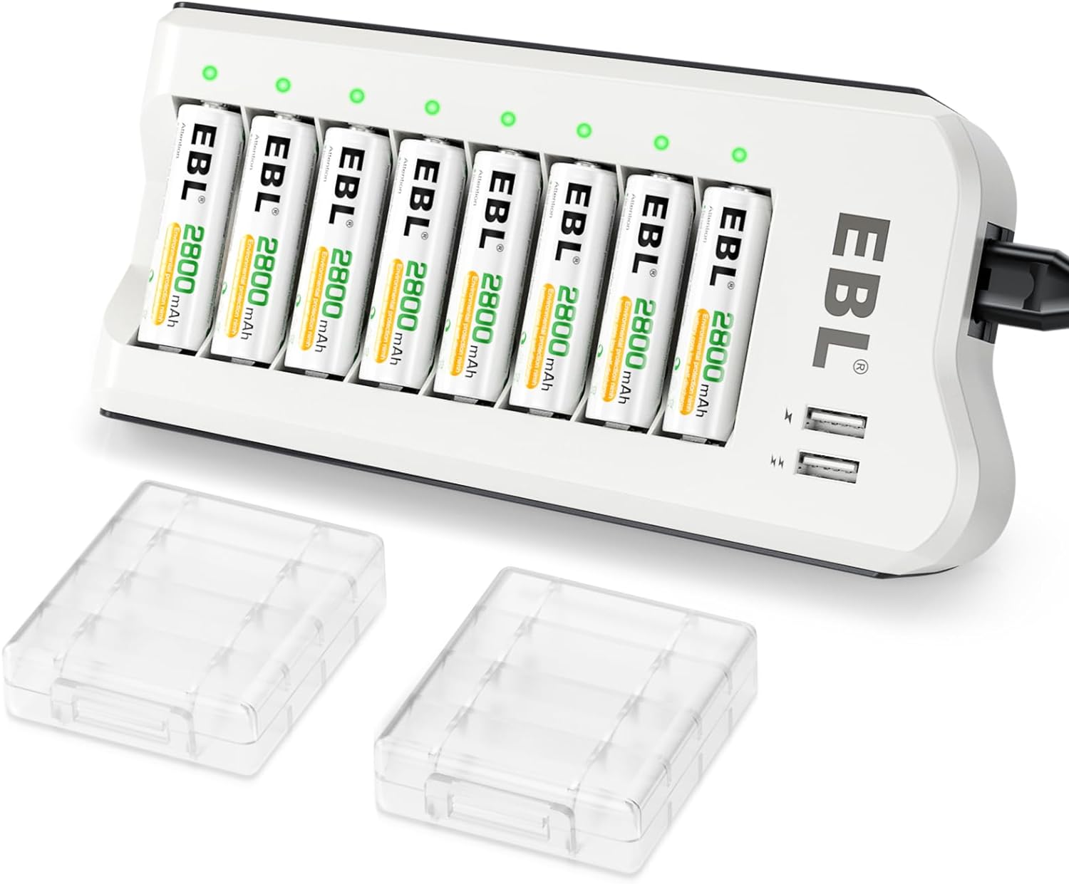 EBL Upgraded 8 Bays AA AAA Battery Charger with USB Ports and 8 Counts 2800mAh AA Batteries, Rechargeable Batteries and Charger Set-0