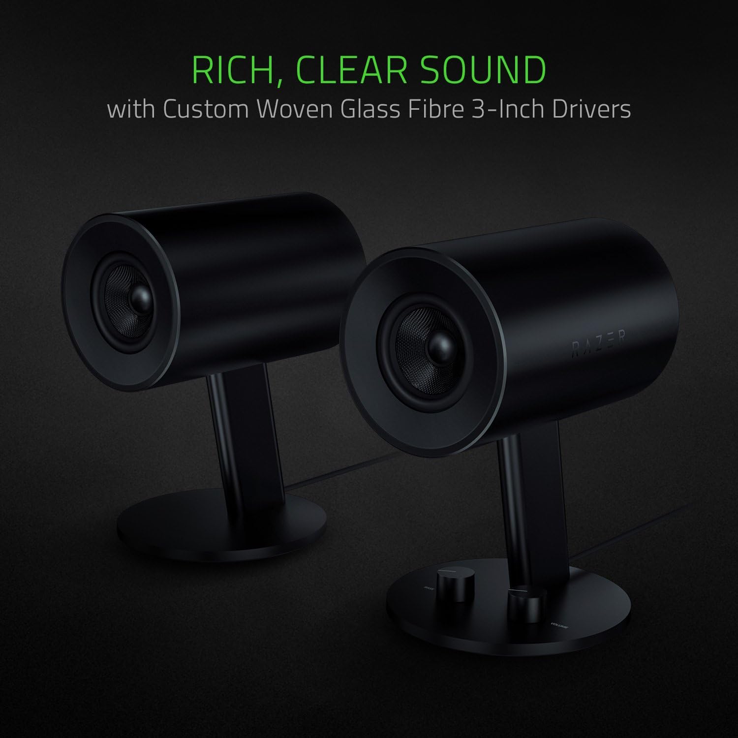 Razer Nommo - 2.0 Gaming Speakers (Custom Woven Glass Fibre 3-inch Drivers, Rear-Facing Bass Ports, Bass Knob with Automatic Gain Control) Black-2