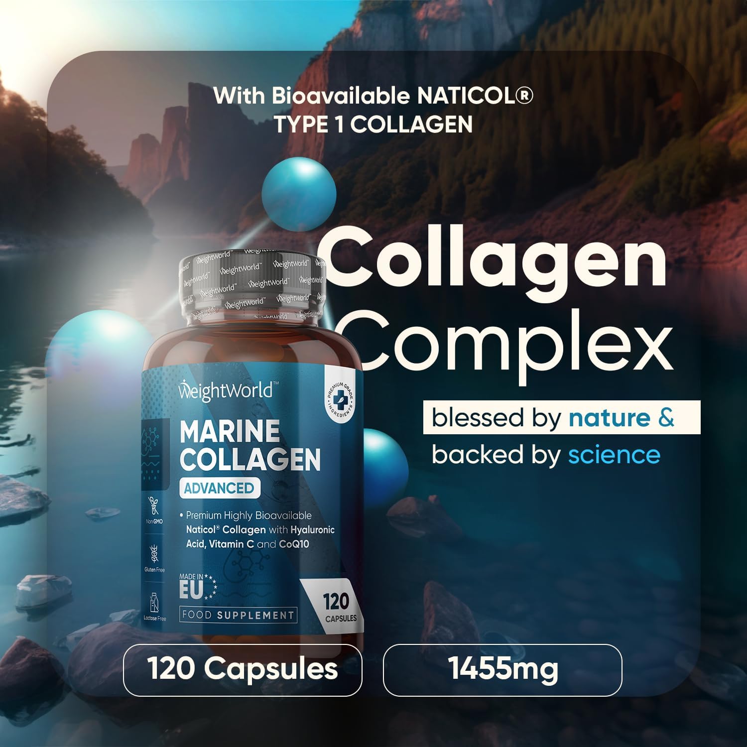 Marine Collagen Capsules 1455mg - 120 Capsules - Naticol Type 1 Collagen Supplements for Women & Men - Hydrolysed Marine Collagen Peptides Complex with Hyaluronic Acid, Vitamin C, Zinc & CoQ10-1