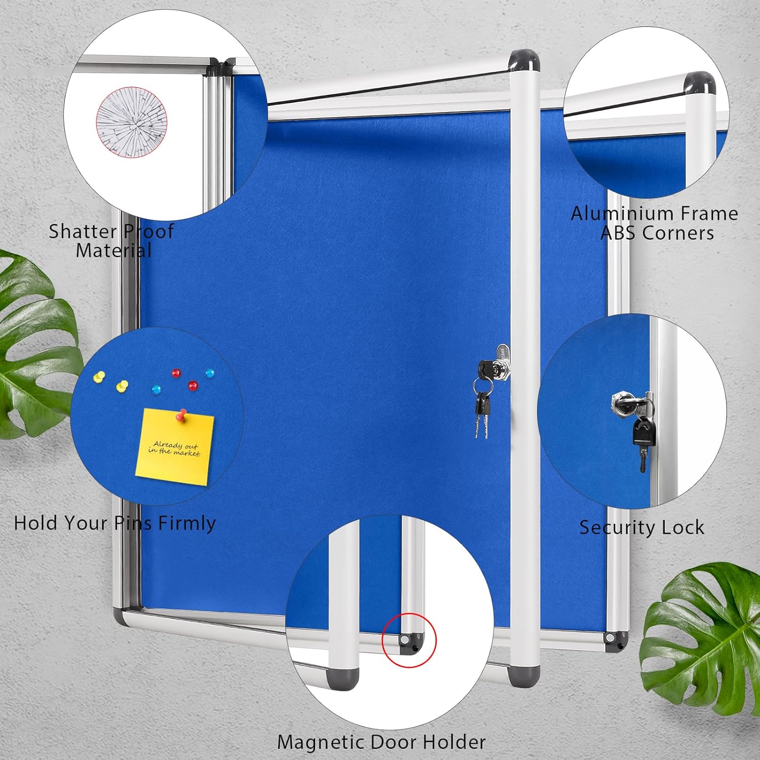 Swansea Lockable Notice Board Tamperproof Enclosed Display Board for Home Office School,Blue Felt, 67x72cm(6xA4)-2