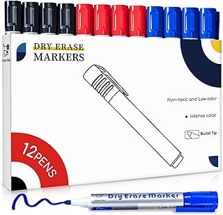 maxtek Whiteboard Markers, Whiteboard Pens 3 Assorted Colours Black Blue Red Dry Erase Pens for Office, Schools, Home, 12pcs Pack Bullet Tip Dry Wipe Pens