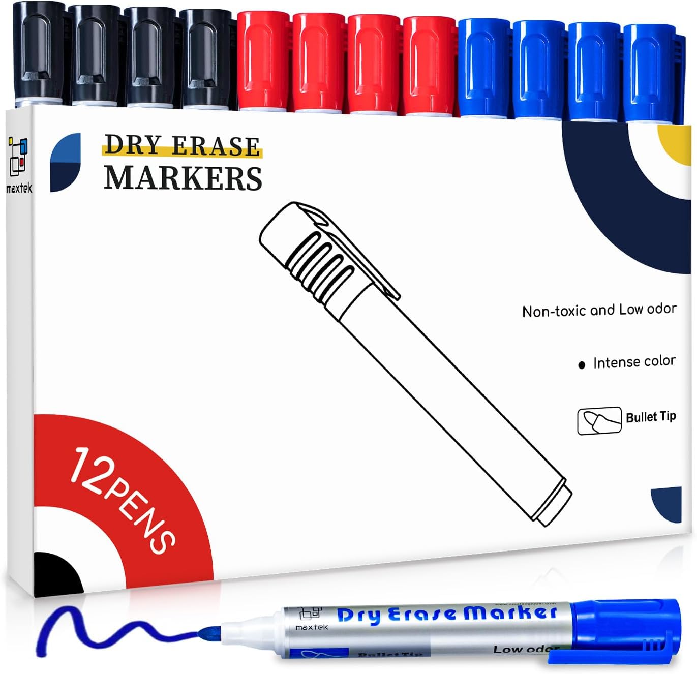 maxtek Whiteboard Markers, Whiteboard Pens 3 Assorted Colours Black Blue Red Dry Erase Pens for Office, Schools, Home, 12pcs Pack Bullet Tip Dry Wipe Pens-0