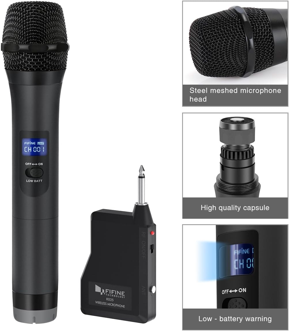 FIFINE Wireless Microphone, Handheld Dynamic Microphone Wireless mic System for Karaoke Nights and House Parties to Have Fun Over the Mixer,PA System,Speakers-K025-1