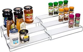 Amtido Spice Rack | Inside Kitchen Cupboard Organiser | Free Standing 3 Tier Expandable Shelves Stand | Pantry Holder for Herbs, Seasoning, Spice Jars Bottles Storage | Chrome