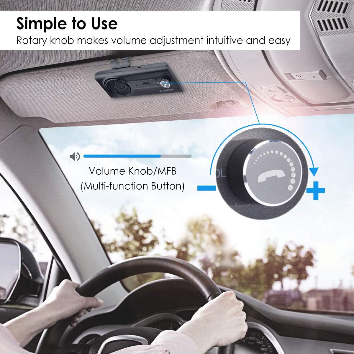 Avantree CK11 Hands Free Bluetooth 5.0 Car Kits, Quality Loud Speakerphone, Siri Assistant Support, Motion AUTO ON, Volume Knob, Wireless in Car Handsfree Speaker Kit with Visor Clip - Titanium-3