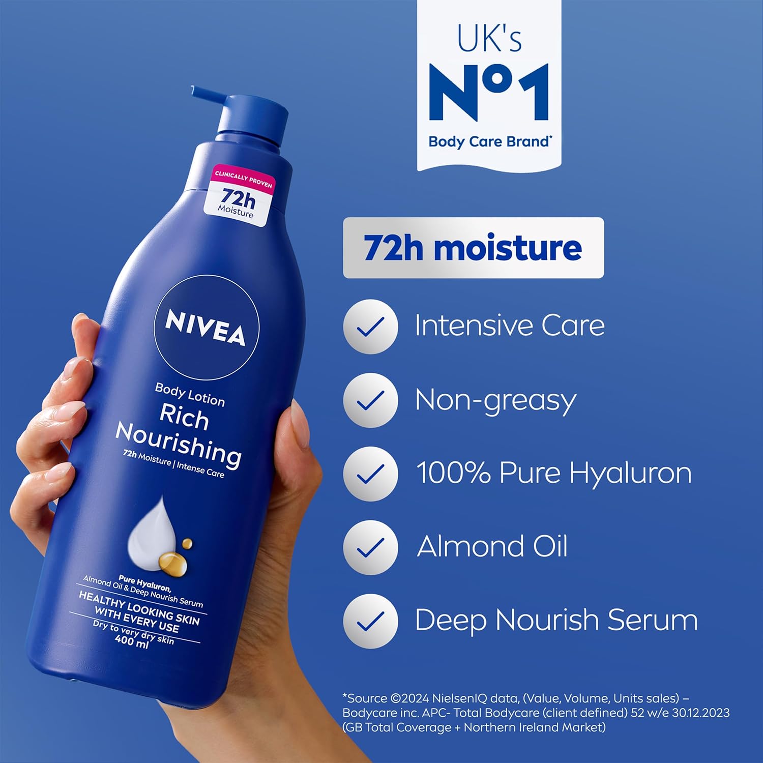 NIVEA Rich Nourishing Body Lotion (400ml), Rich 72H Hydration NIVEA Moisturiser for Dry Skin Made with Deep Moisture Serum and Almond Oil, Intensive Hydration NIVEA Body Lotion-1