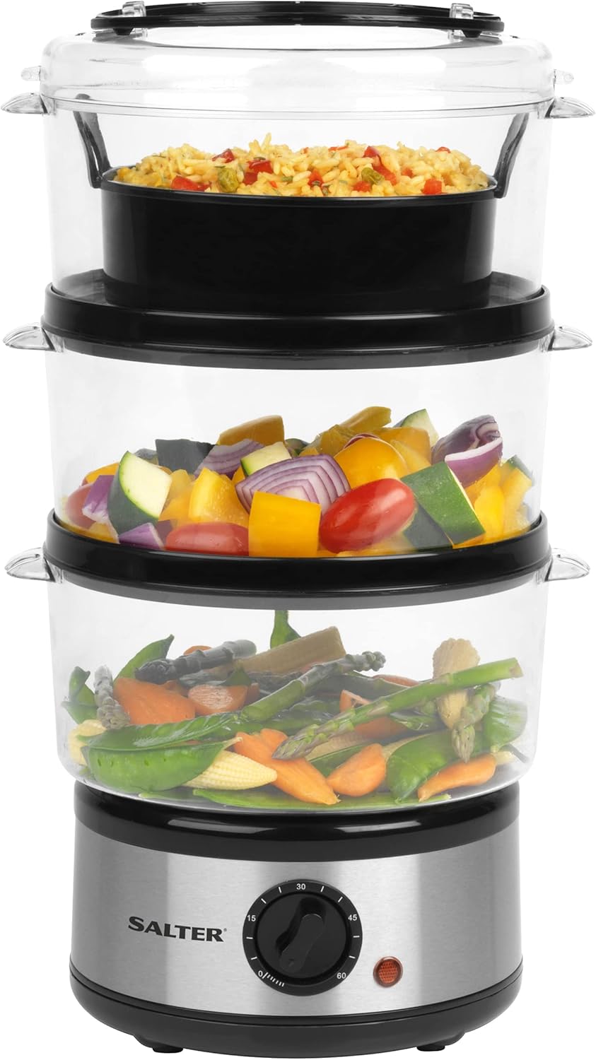 Salter 3 Tier Electric Food Steamer - 7.5L, Stackable Steaming Baskets, Dishwasher Safe, BPA Free Includes Rice Bowl, 60 Minute Timer, Compact Storage, Healthy Cooking Vegetables & Fish, 500W, EK2726-0