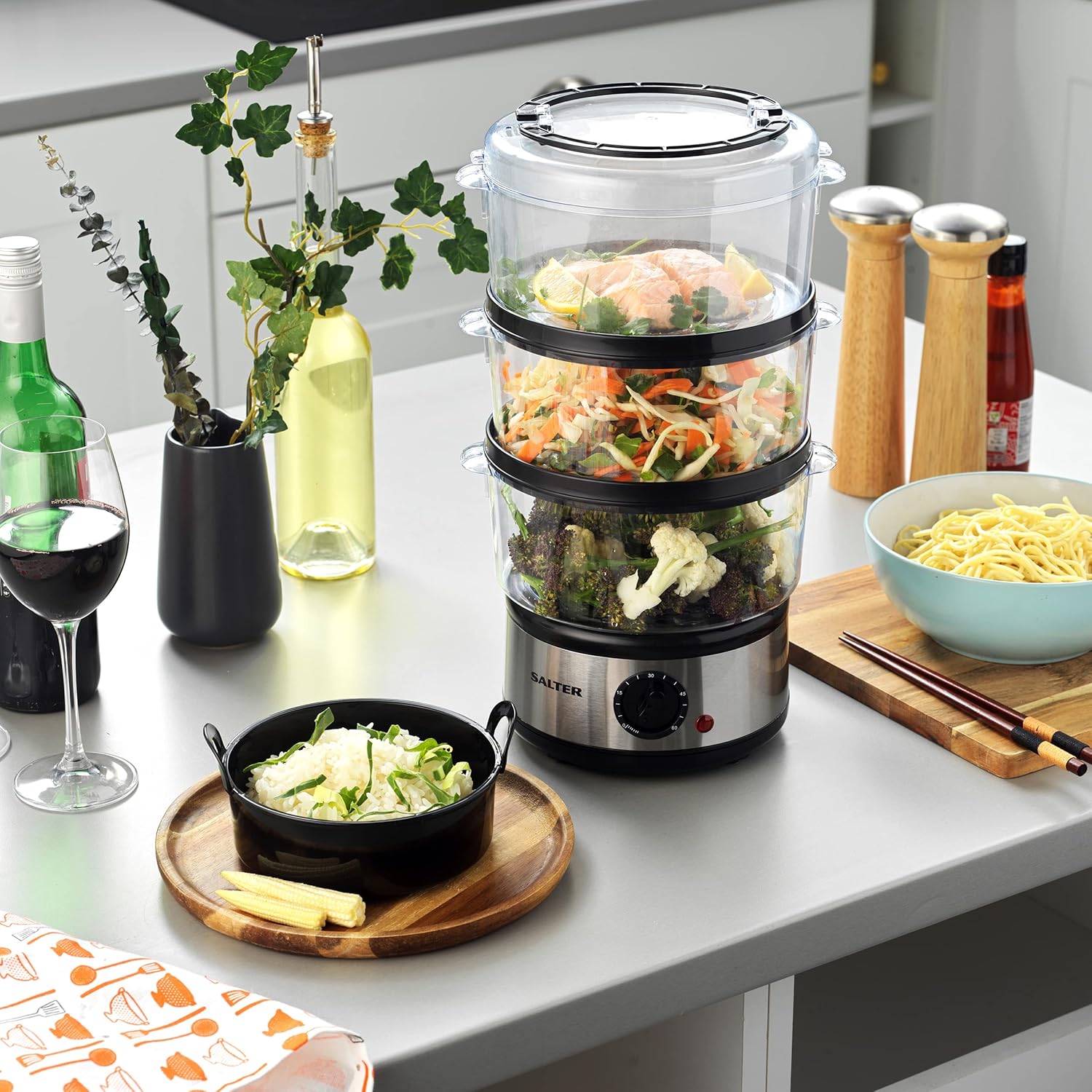 Salter 3 Tier Electric Food Steamer - 7.5L, Stackable Steaming Baskets, Dishwasher Safe, BPA Free Includes Rice Bowl, 60 Minute Timer, Compact Storage, Healthy Cooking Vegetables & Fish, 500W, EK2726-2