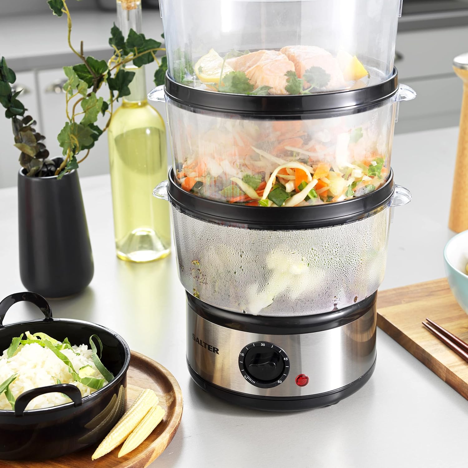 Salter 3 Tier Electric Food Steamer - 7.5L, Stackable Steaming Baskets, Dishwasher Safe, BPA Free Includes Rice Bowl, 60 Minute Timer, Compact Storage, Healthy Cooking Vegetables & Fish, 500W, EK2726-3