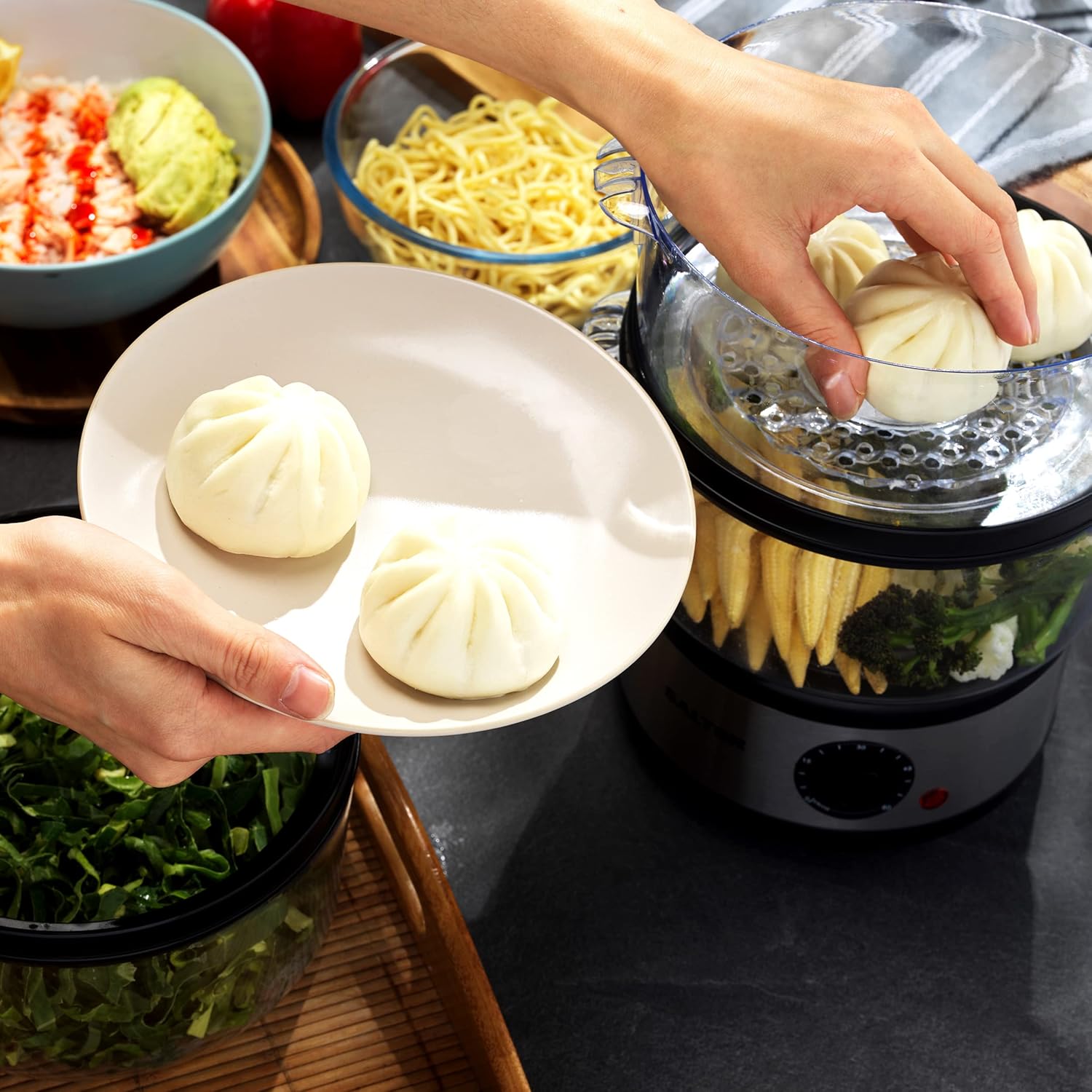 Salter 3 Tier Electric Food Steamer - 7.5L, Stackable Steaming Baskets, Dishwasher Safe, BPA Free Includes Rice Bowl, 60 Minute Timer, Compact Storage, Healthy Cooking Vegetables & Fish, 500W, EK2726-6