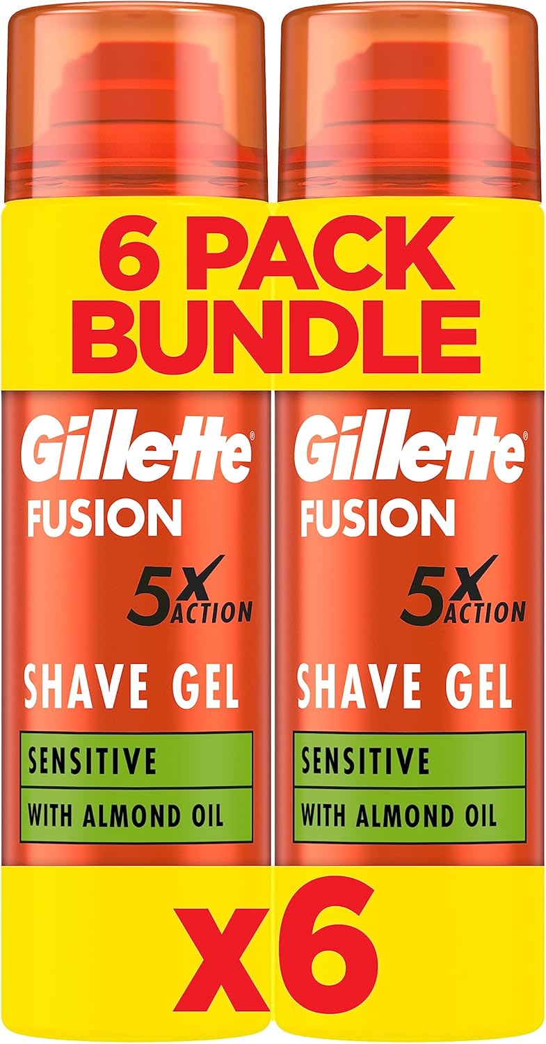 Gillette Fusion Shave Gel for Men with Almond Oil, for Sensitive Skin, 5X Action: Cleanses, Hydrates, Protects, Refreshes, and Soothes, 6x200ml-0