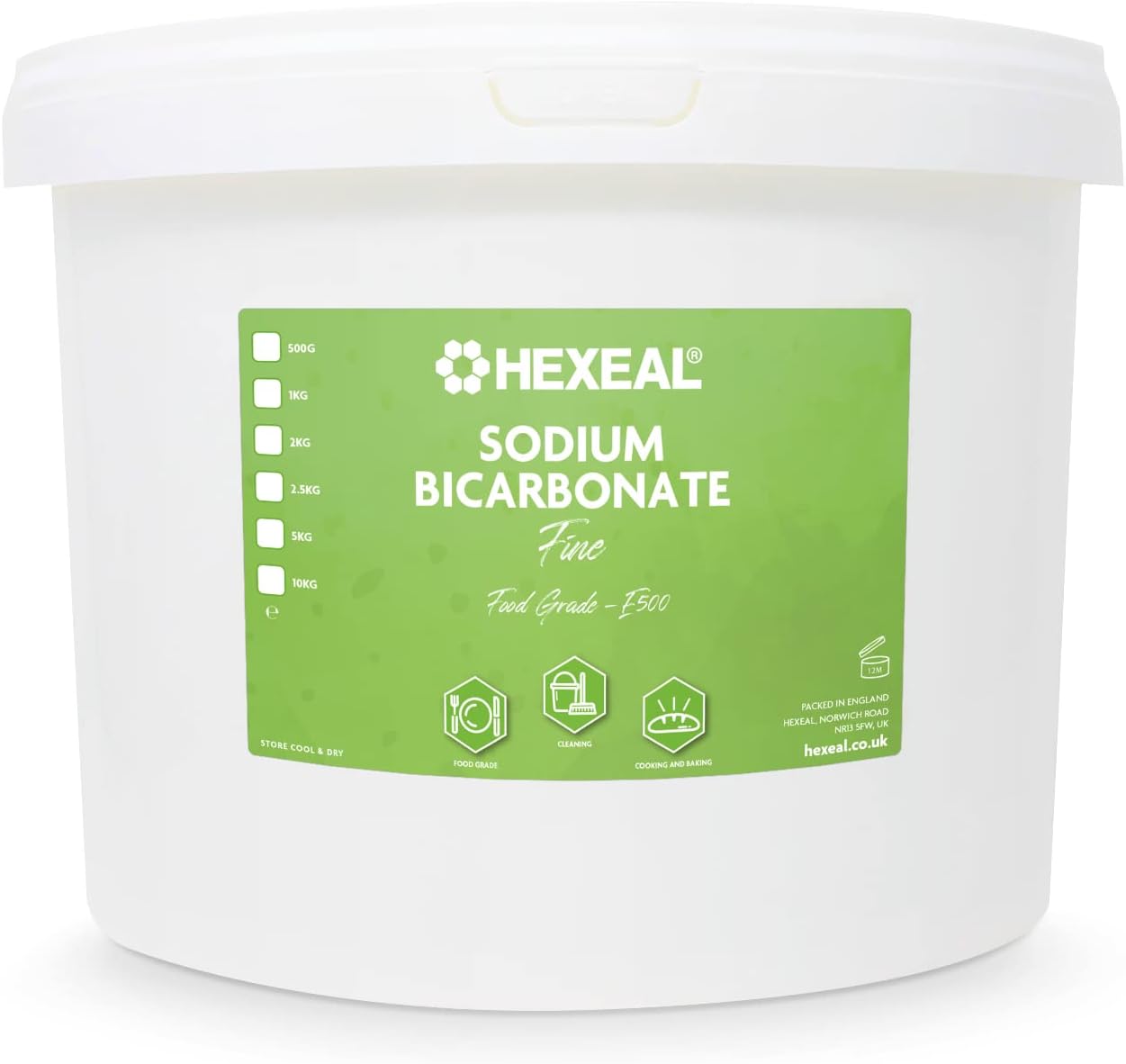 Hexeal 10kg Sodium Bicarbonate Bulk – 10kg Bucket of Large Food Grade Baking Soda for Cooking, Baking, Home Cleaning & Bath Bombs – Fine Powder, Deodorises & Removes Grime – FCC E500-0