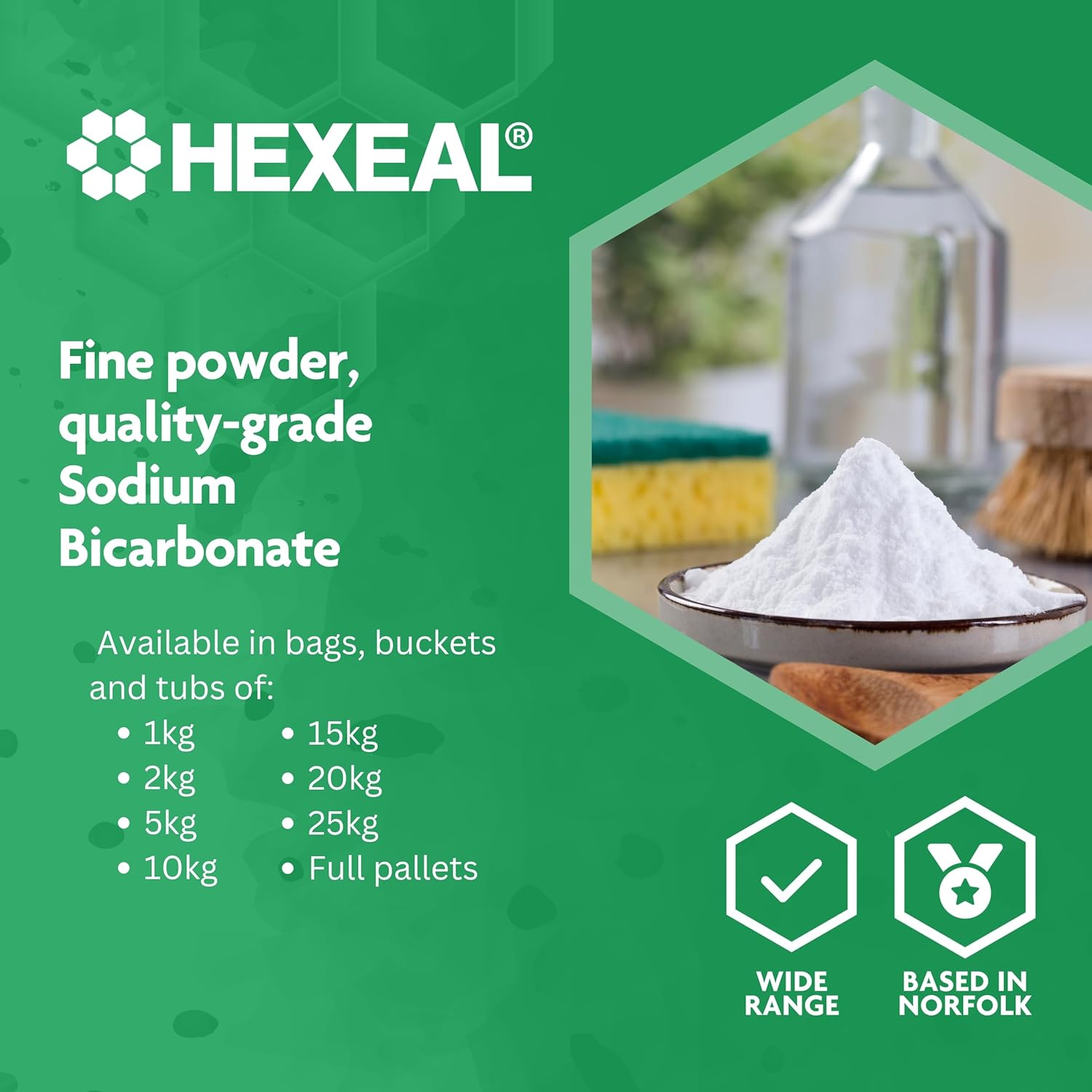 Hexeal 10kg Sodium Bicarbonate Bulk – 10kg Bucket of Large Food Grade Baking Soda for Cooking, Baking, Home Cleaning & Bath Bombs – Fine Powder, Deodorises & Removes Grime – FCC E500-5