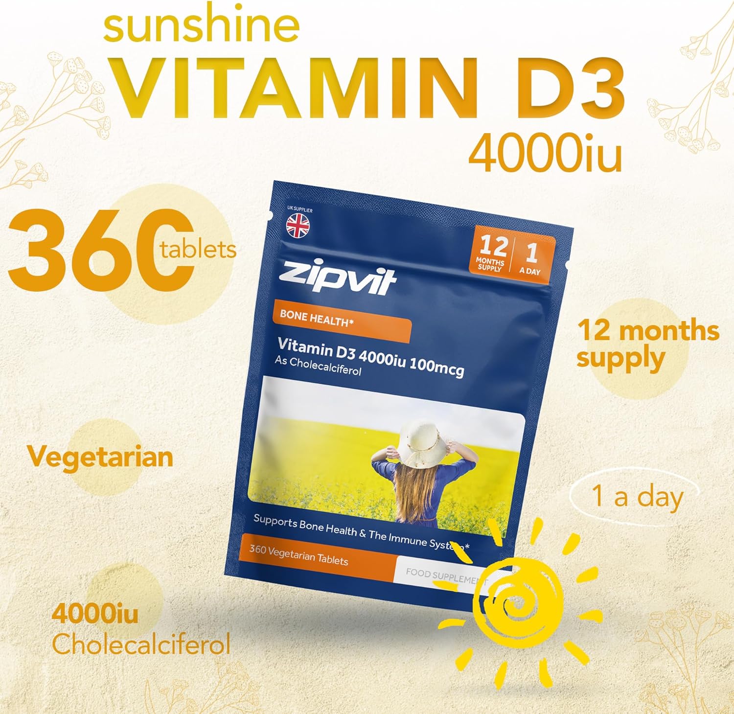 Zipvit Vitamin D3 4000 IU, 360 Vegetarian Tablets, Cholecalciferol, 1 a Day, High Strength Vitamin D Supplement, Supports Bones, Teeth, Muscles, Immune System, 12 Month Supply-2