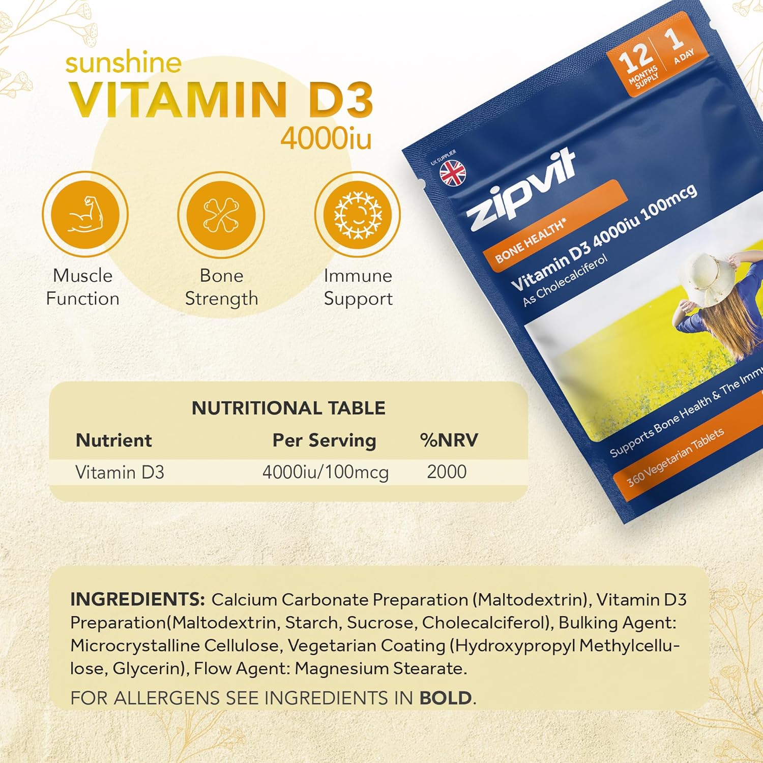 Zipvit Vitamin D3 4000 IU, 360 Vegetarian Tablets, Cholecalciferol, 1 a Day, High Strength Vitamin D Supplement, Supports Bones, Teeth, Muscles, Immune System, 12 Month Supply-4