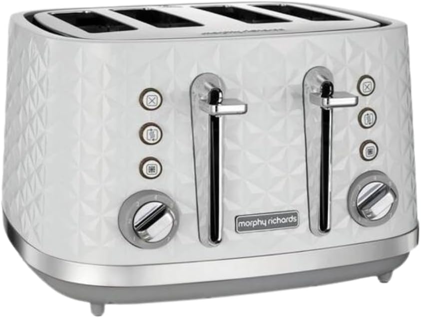 Morphy Richards Vector 4 Slice Toaster, High Gloss Geometric Design, Defrost and Reheat, Variable Width Slots, Removeable Crumb Tray, White, 248134-0