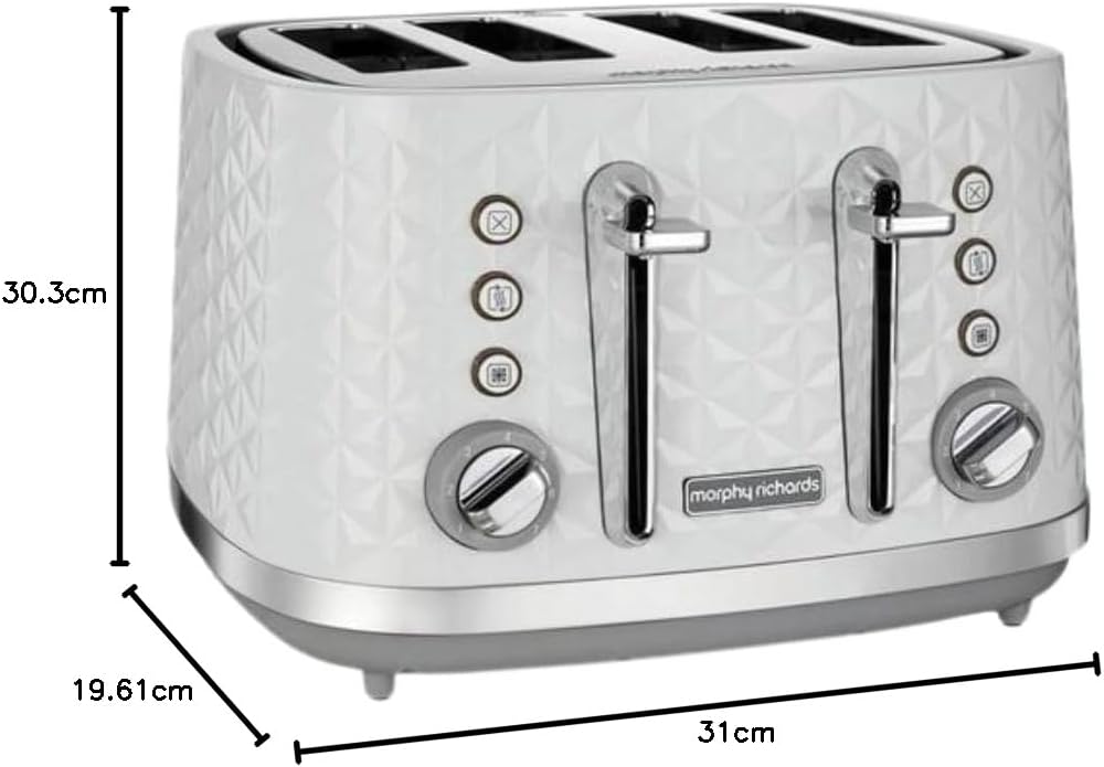 Morphy Richards Vector 4 Slice Toaster, High Gloss Geometric Design, Defrost and Reheat, Variable Width Slots, Removeable Crumb Tray, White, 248134-7