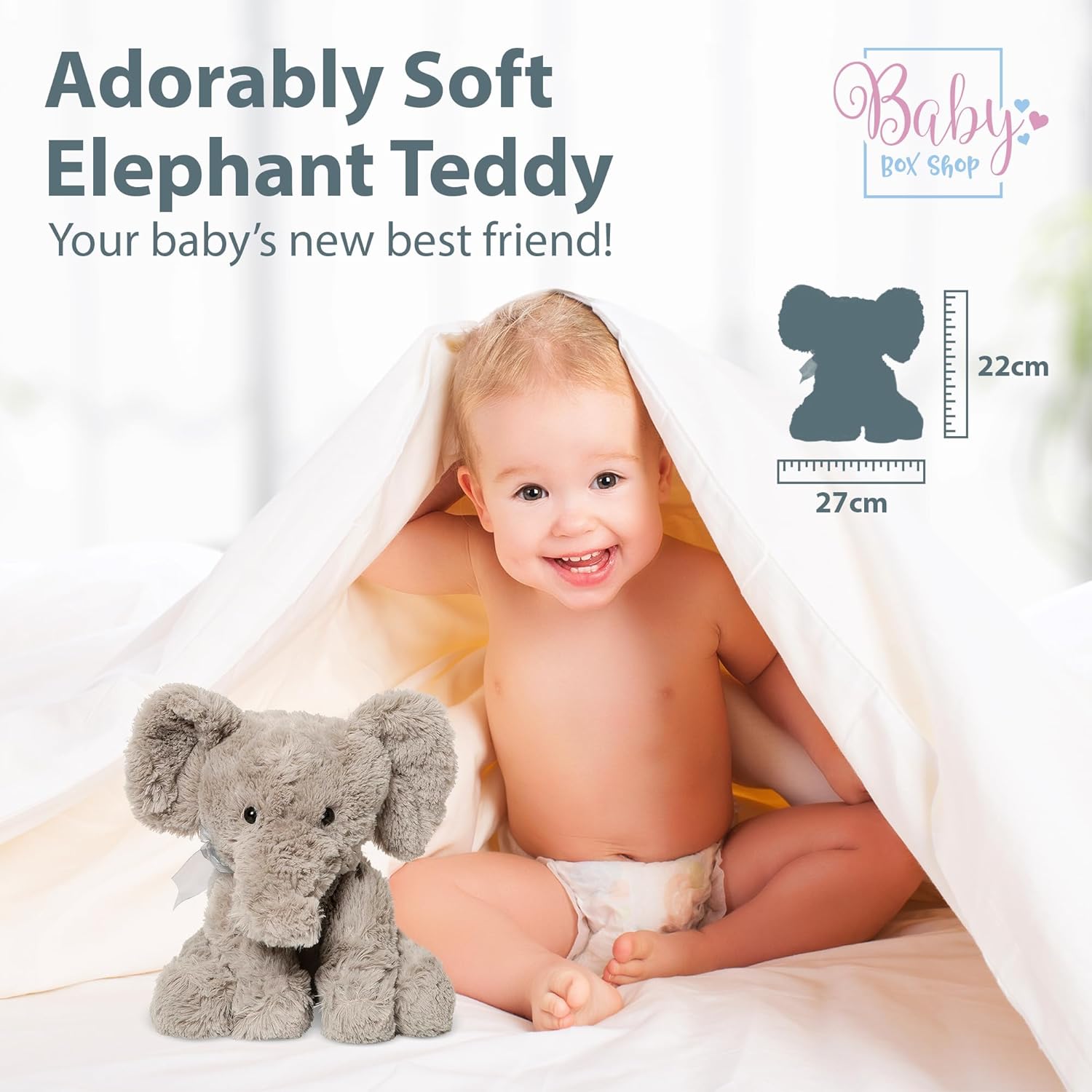 Baby Box Shop - Baby Elephant Teddy, Grey Plush Soft Toy Teddy Bear - Ideal for Christenings, Birthday or Baby Gift, Soft Toys for Kids-2