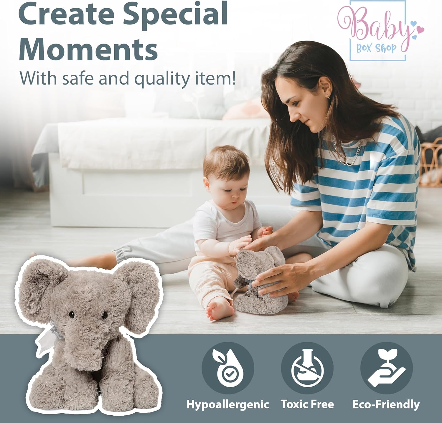 Baby Box Shop - Baby Elephant Teddy, Grey Plush Soft Toy Teddy Bear - Ideal for Christenings, Birthday or Baby Gift, Soft Toys for Kids-3