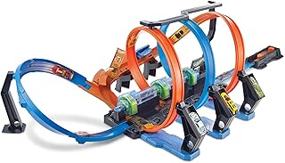 Hot Wheels Track Set and Toy Car, Large-Scale Motorized Track with 3 Corkscrew Loops, 3 Crash Zones and Toy Storage, FTB65