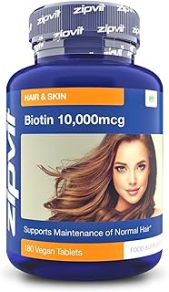 Zipvit Biotin Hair Growth Supplement 10000mcg, 180 Vegan Tablets (6 Months Supply). High Strength Biotin for Hair and Skin. Supports Hair Growth & Skin Health. Vegan Hair Vitamins for Women & Men