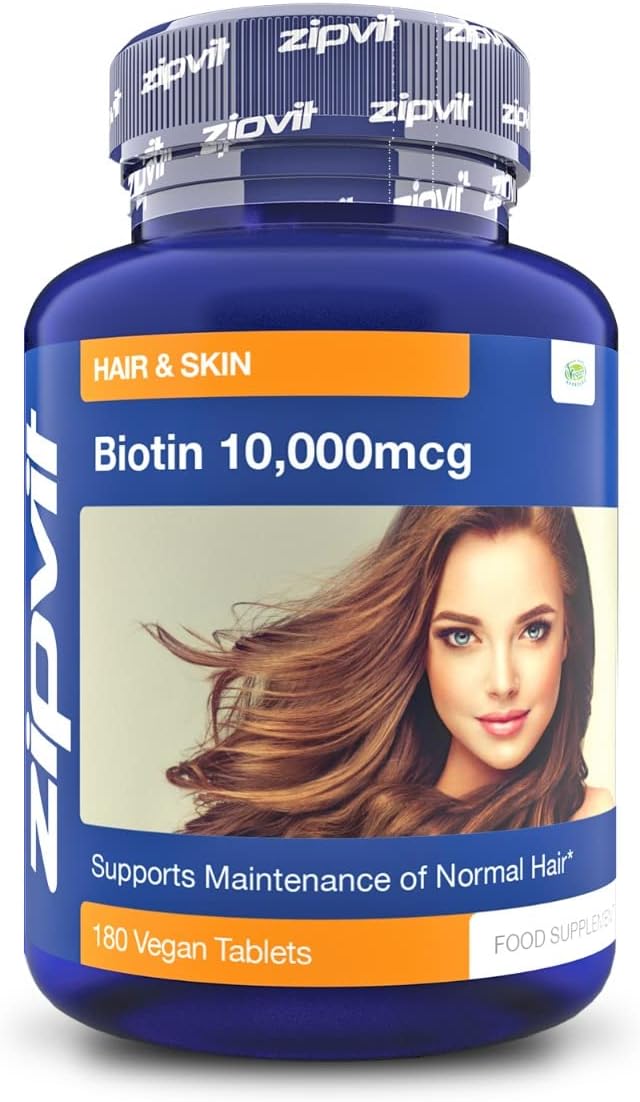 Zipvit Biotin Hair Growth Supplement 10000mcg, 180 Vegan Tablets (6 Months Supply). High Strength Biotin for Hair and Skin. Supports Hair Growth & Skin Health. Vegan Hair Vitamins for Women & Men-0