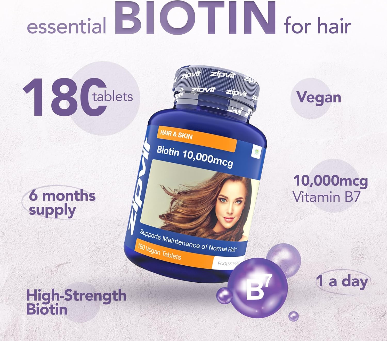 Zipvit Biotin Hair Growth Supplement 10000mcg, 180 Vegan Tablets (6 Months Supply). High Strength Biotin for Hair and Skin. Supports Hair Growth & Skin Health. Vegan Hair Vitamins for Women & Men-1