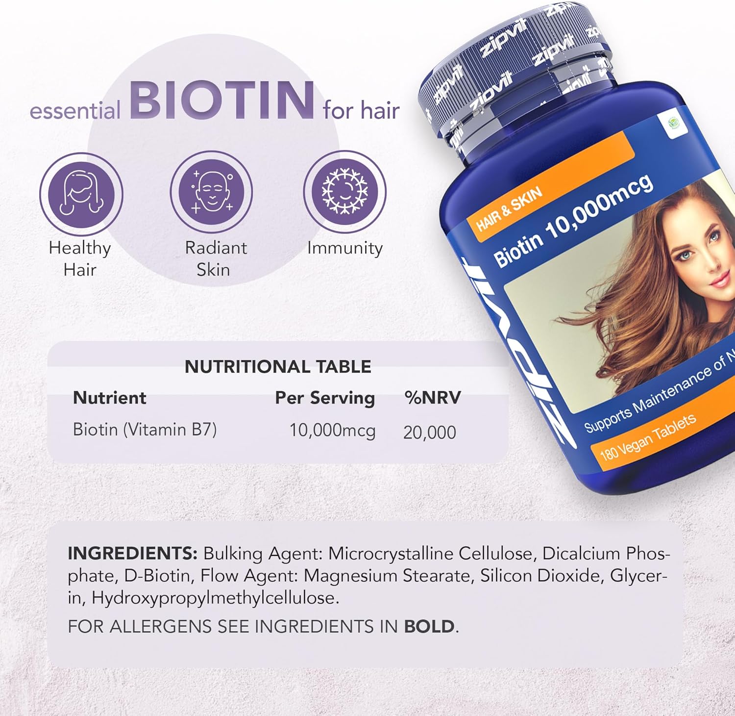 Zipvit Biotin Hair Growth Supplement 10000mcg, 180 Vegan Tablets (6 Months Supply). High Strength Biotin for Hair and Skin. Supports Hair Growth & Skin Health. Vegan Hair Vitamins for Women & Men-4